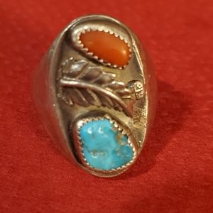 Navajo Turquoise Ring Sterling Silver  Coral Vintage Size 10.5
